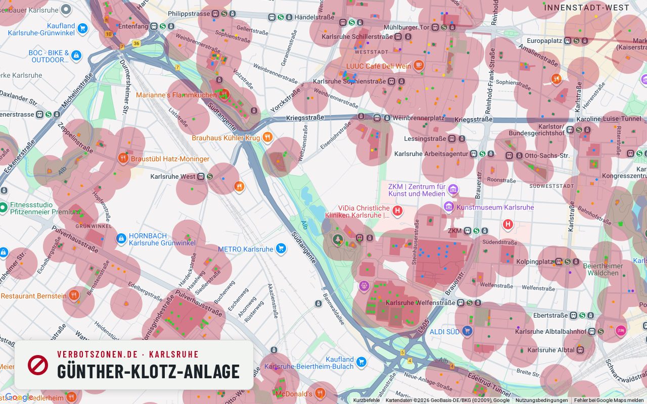 Bubatzkarte Karlsruhe: Cannabis-Verbotszonen rund um Günther-Klotz-Anlage