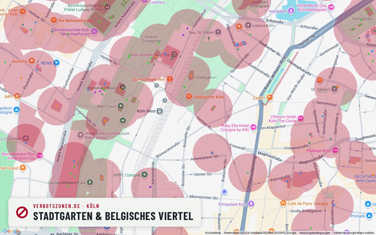 Bubatzkarte Köln: Cannabis-Verbotszonen rund um Stadtgarten & Belgisches Viertel